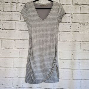Athleta Women’s Central Stripe Dress Size S  Light Gray White Lined Ruched
